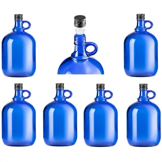 lilawelt24 2L Flasche mit rundem Griff + Aussgießer Essig-ÖlFlasche Met- Honigflasche Weinballon Glasballon Likörflasche Schnapsflasche Leere Glasflasche Wasserflasche Ölspender (6x 2L blaue Flasche)