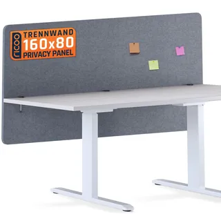 Ricoo Akustik Trennwand Schreibtisch 160 x 80 cm Sichtschutz ZAP1680-G Filz Grau Büro Home Office Pinnwand Schallschutz Raumtrenner Tischtrennwand mit Klemmen Schalldämmung