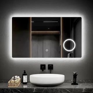 EMKE LED Badspiegel mit Beleuchtung 100x60cm Badezimmerspiegel kaltweiß Lichtspiegel Wandspiegel mit Touchschalter+3-Fach Schminkspiegel IP44 energiesparend