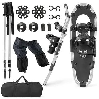 COSTWAY 4-in-1 Schneeschuhe-Set, Schuhgröße 38-45, Schneeschuhe mit Doppel-Ratschenbindungssystem, Aluminiumrahmen, Trekkingstöcke & Tragetasche, Gamaschen, für Herren, Damen (53 cm,Silber)