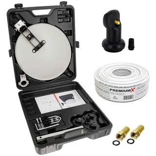 PremiumX Camping SAT Anlage Satelliten-Schüssel Tischhalter Masthalter Saugfuß Single LNB 10m Kabel F-Stecker im Koffer