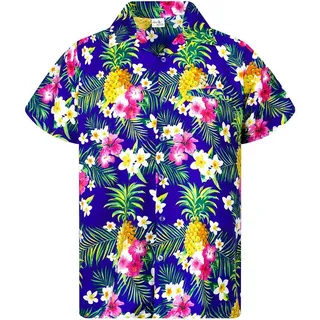 King Kameha Funky Hawaiihemd Kinder Jungen Mädchen Kurzarm Fronttasche Hawaii-Print Unisex Ananas Blätter Muster - 6 Jahre