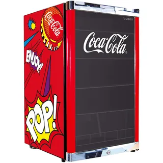 °CUBES Coca Cola PopArt Kühlschrank 115L | Getränkekühlschrank groß mit Glastür, perfekt für Partys & Gewerbe | Energieeffizient, 84,5 cm hoch, 104 kWh/Jahr - Flaschenkühlschrank groß