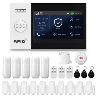 PGST Alarmanlage Set WiFi + GSM 4G, Smart Home Alarmanlage kabellose, WLAN 24-teiliges Haus Alarmanlage Set mit Sirene, Fenster Tür Sensoren und Fernbedienungen Funktioniert mit Alexa
