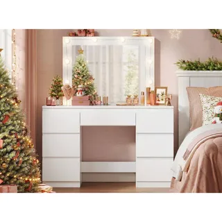 Woltu Schminktisch, Weiß, Holzwerkstoff, Glas, 7 Schubladen, Rechteckig,Rechteckig, 107x140.5x39.5 cm, Schlafzimmer,