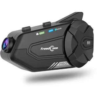 FreedConn Motorrad Helm Bluetooth Headset mit Kamera, R1 Pro 6-Wege 1000M Gegensprechanlage,Motorrad Kommunikationssystem,2K Video,Siri/Musik Sharing/kompatibel mit Anderen Marken/2 in 1 Mic(1Pack)