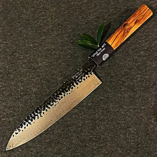 What the Art!® Olive Wood «Santoku» | Japanisches Küchenmesser | Damaststahl Kochmesser mit Olivenholzgriff | Handarbeit | 36 cm | Allzweckmesser - Fleischmesser - Damastmesser - Profimesser