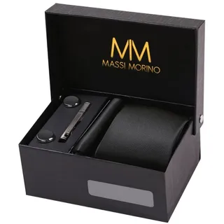 MASSI MORINO Krawatte Schwarz mit Einstecktuch Set Herren inkl. Manschettenknöpfe, Krawattennadel und Geschenkbox | Männer Krawattenset zur Hochzeit - 147 cm
