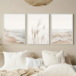 Uixxducc Bilder Wohnzimmer Poster 3er Set Boho Landschaft Pampasgras Wandbilder Aesthetic Warm Wanddeko Leinwandbilder Ohne Rahmen Kunstposter (50 x 70 cm)