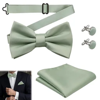 1 Stück Fliege Salbeigrün Herren Mit 1 Einstecktuch Und Manschettenknopf | Sanfte Farbgebung,Klassisch Elegant,Knitterfrei,Strapazierfähig,Satin-Finish,Verstellbar,Passgenau,Für Abschlussbälle - M