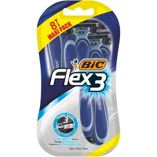 Bic Flex 3 Comfort Herrenrasierer, 8 Stück, Zeitgenössisch, Gummi, Mehrfarbig, 3 Klingen, Gleitstreifen mit Vitamin E und Aloe Vera, Gründliche Rasur für Männer