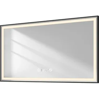 EMKE Badspiegel mit Beleuchtung 120x70cm Badspiegel Schwarzer Rand LED Badezimmerspiegel mit Touch, Antibeschlage, Uhr, Dimmbar, Memory-Funktion, Neutrale Beleuchtung Wandspiegel IP44