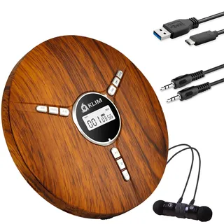 Discman Tragbarer CD Player mit Akku und Kopfhörer | Mit Anti-Skip Schutz für unterbrechungsfreien Musikgenuss unterwegs, Holz