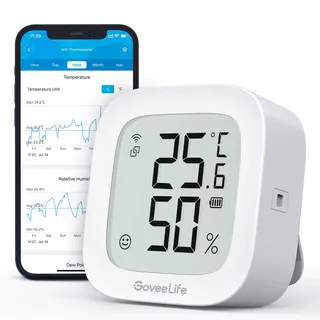 GoveeLife WLAN Hygrometer Thermometer, Digital Temperatur und Luftfeuchtigkeitsmesser Innen mit App Benachrichtigungs Alarm & Datenspeicherung, Fernkontrolle Geeignet für Schlafzimmer, Weinkeller
