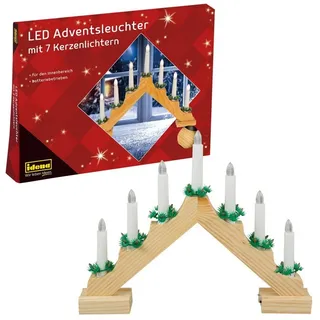 IDENA LED Adventsleuchter 7 LED Kerzenlichtern in Warmweiß, Schwibbogen aus naturfarbenem Holz, batteriebetrieben, natur 40x30cm