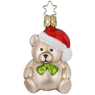 INGE-GLAS Christbaumschmuck Teddy Bär 7cm mundgeblasenes Glas handbemalt - Kuschelbär zum Aufhängen Beige Rot - Weihnachtsbaum Anhänger Teddybär mit Nikolausmütze - Weihnachtsbaumschmuck