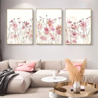 Sarah Duke 3er Poster Set Wohnzimmer, Rosa Blumen Wandbilder Kunstposter, Ohne Rahmen Leinwandbilder, Modern Bilder für Schlafzimmer Wanddecor (50 x 70 cm)