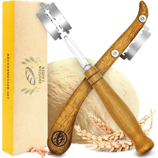 krustenzauber Bäckermesser 2er Set [inkl. 20 Rasierklingen] - Teigmesser Set für gerade und geschwungene Schnitte - Ideale Brotklinge, Bäckerkli...