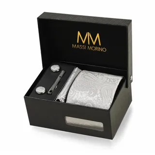 MASSI MORINO Krawatte Paisley Grau mit Einstecktuch Set Herren inkl. Manschettenknöpfe, Krawattennadel und Geschenkbox | Männer Krawattenset zur Hochzeit - Einheitsgröße