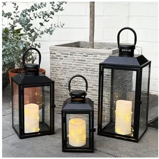 Mojawo 3er Gartenlaternen Laternen Metall Windlicht Schwarz H24/33/41cm - Schwarz