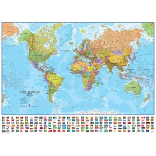 Große politische Weltkarte - mit laminierten Flaggen - Aktualisiert 2025-118,9 cm (B) x 84,1 cm (H) Maps International