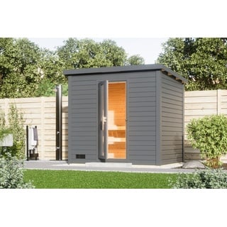 Woodfeeling Karibu Gartensauna Saunahaus Hytti 3 terragrau Energiesparende Saunatür Ohne Ofen inkl. 8-teiligem gratis Zubehörpaket (Gesamtwert 191,92€)