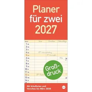 Heye Großdruck Planer für zwei 2027: Praktischer Wandplaner für 2 mit extra großer Schrift und 3 Spalten. Wandkalender mit Schulferien und 3-Monats-Ausblick. Terminkalender 2027