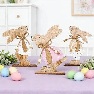 Osterdekoration, Osterhasen Deko, Osterdeko aus Holz, 3-teiliges Set, vielseitige Tischdekoration für Ostern und Frühling, stilvolle Raumgestaltung für Fensterbank und Garten