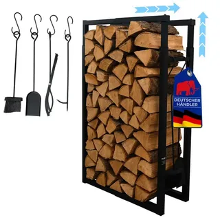 Proregal Kaminholzregal PHOENIX Metall 100-150 x 40-65 x 25 cm mit 4 Kaminwerkzeugen Schwarz