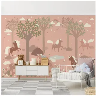 Bilderdepot24 Kindertapete Einhörner rosa Wald Tieres Kinderzimmer, Glatt, Matt, (Vliestapete inkl. Kleister oder selbstklebend), Mädchenzimmer Jungenzimmer Babyzimmer Bildtapete Fototapete Wandtapete rosa 144 m x 95 m