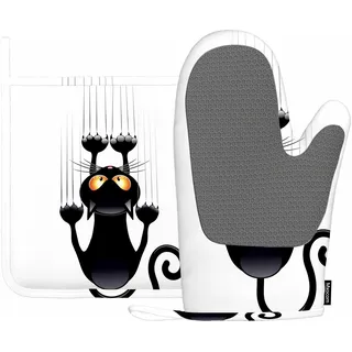 Mxocom Lustiger Katzen-Ofenhandschuh und Topflappen mit Silikon, schwarze Katze, Cartoon-Kratzwand, hitzebeständig, Küche zum Kochen, Grillen, Frühling/Sommer