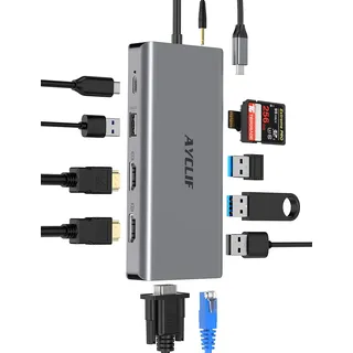 12 in 1 Docking Station, AYCLIF USB C Hub Quadruple Display Thunderbolt 4 Dock (4K Dual HDMI,VGA,Ethernet,USB 3.0,PD 3.0,SD/TF Slots,Audio) Laptop Docking Station