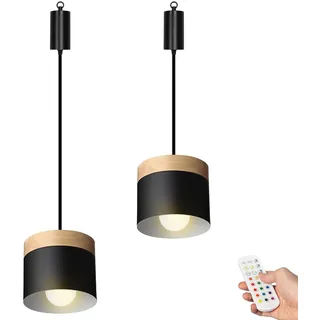 FSLiving Dimmbare Hängelampe mit Batterie Innen,2er-Satz Modern Metall Hängeleuchte Batteriebetriebene Lampe, Pendelleuchte ohne Strom Stromanschluss für Küche Nachttischcafé,Schwarz