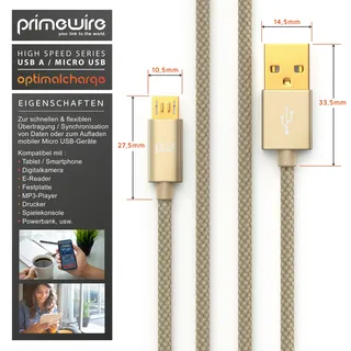 Primewire Premium Micro USB 2,4A Schnellladekabel - Nylonkabel Metallstecker - High Speed Ladekabel / Datenkabel - 2m -