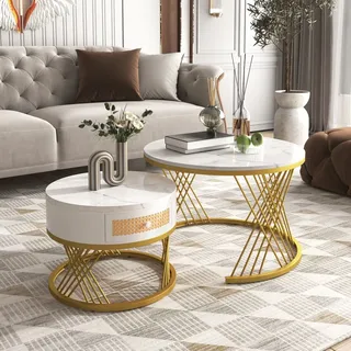 Merax 2er Set Couchtisch in Marmoroptik mit Regal Rund Ø70 x 45cm und Ø50 x 38.5cm, Beistelltisch mit Schublade und goldenen Metallrahmen, Wohnzi... - Weiß/Gold