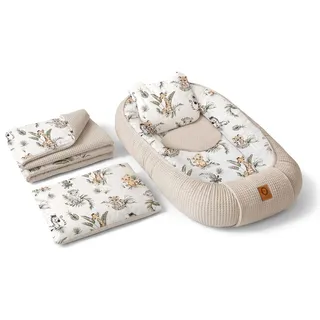Babynest Nestchen Baby Set für Neugeborene – 5-teilig – Kuschelnest aus 100% Baumwolle & Waffelpique – Babykokon tragbar – für Babybett, Kinderbett & Kinderwagen – OEKO-TEX - Safari und Sand