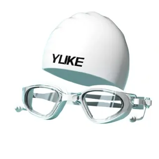 Blusmart Schwimmbrille Universelles Schwimmbrillen- und Badekappen-Set für Damen und Herren, (HD-Antibeschlag und wasserdichter großer Rahmen, Schwimmbrille und integrierte Ohrstöpsel), Set bestehend aus Schwimmbrille + Silikon + Aufbewahrungsbox