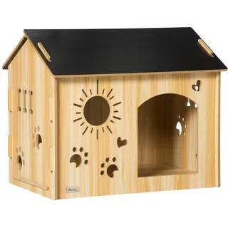 PawHut Hundehütte mit Lüftungsöffnungen Dach MDF Eiche Schwarz 69 x 50 x 58,5 cm