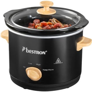 Bestron Slowcooker für 2 Personen, Schongarer mit Keramikpfanne & Glasdeckel, 3 Stufen-Thermostat, ideal für viele Gerichte wie Fleisch, Suppen & Gemüse, 1.5 Liter, Black & Wood, Farbe: Schwarz/Holz