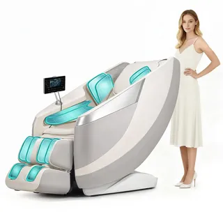 HealthRelife 3D Massagesessel mit 135cm SL-Schiene Ganzkörpermassagesessel mit Körperscan, Touchscreen, Rückenheizung, Bluetooth-Musik, 28 Airbags (Beige+Grau)