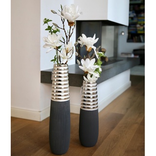 Gilde Deko Vase Bodenvase Newtown - Keramikvase - grau-matt - Silber-glänzend – Vase groß Höhe 50 cm - Breite 15 cm