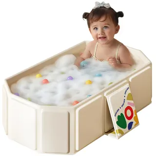 Faltbare Kinderbadewanne – Multifunktionale Badewanne für Dusche, platzsparend und tragbar, ideal für Kinder von 0-8 Jahren – Faltbare Badewanne für Zuhause und Reisen mit Abflussstopp (Beige)