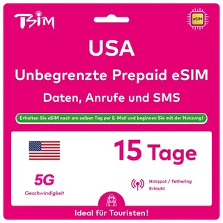 USA eSIM 15 Tage. Unbegrenzte High-Speed-Daten, lokale Anrufe & SMS in den USA (Hawaii inklusive). Kein Warten auf ein Paket erforderlich! eSIM noch am selben Tag per E-Mail erhalten und sofort nutzen