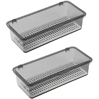 AruMinna Besteck-Organizer mit Deckel, transparent-grauer Kunststoff-Besteckkasten, stapelbarer Utensilien-Aufbewahrungsbehälter mit Ablaufloch für Küchenschublade und Arbeitsplatte, 2 Stück