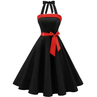 Timormode Damen Vintage Cocktailkleid Knielang Neckholder Swing Retro Rockabilly Kleid XXXL Schwarz - 3XL