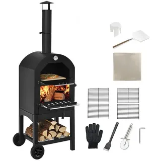 COSTWAY Pizzaofen, Holzofen outdoor, mit Griff & Thermometer schwarz