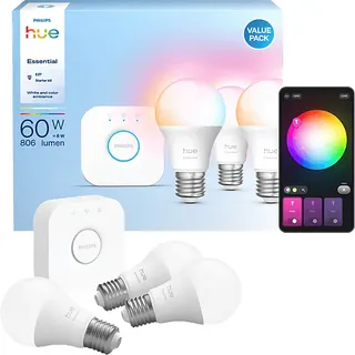 Philips Hue Essential Starter Kit Hue Bridge + 3 x Essential E27 smarte Lampe + Dimmer Switch