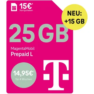 Telekom MagentaMobil Prepaid L mit 25 GB Highspeed-Volumen | 5G/LTE Max & Allnet Flat in alle dt. Netze | unverbrauchtes Datenvolumen weiter nutzen | EU Roaming & Hotspot Flat | 15 EUR Startguthaben