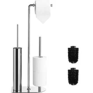 Toilettenpapierhalter mit WC Bürste und Aufbewahrung, freistehender klopapierhalter für Badezimmer und Gästetoiletten, schwarzer Wc garnitur aus Edelstahl rostfrei und ohne Bohren (Chrom)