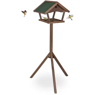 Relaxdays Vogelfutterhaus mit Standfuß, Holz Futterhaus für Wildvögel, HBT: 139x70x60 cm, wetterfestes Dach, braun/grün